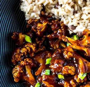 Jerk Cauliflower with Caribbean Style Rice and beans, chocolate zucchini bread